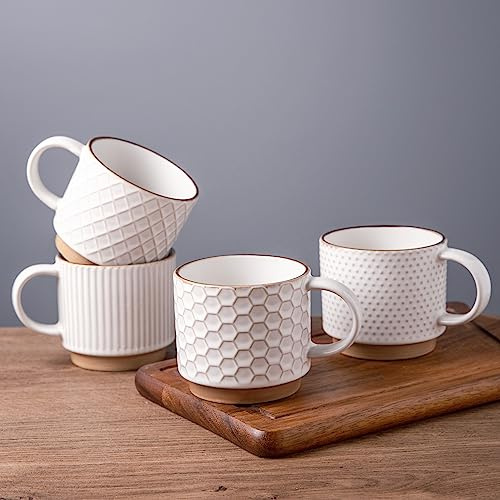 GBHOME 480ml Stackable Ceramic Coffee Cups with Texture Patterns for Men Women Dad Mom Modern Mugs Set of 4 Latte/Cappuccino/Cocoa, Dishwasher and Microwave Safe