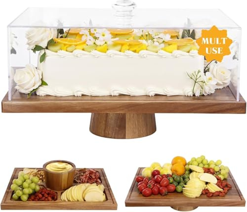 Krbnk Holz Kuchen Stand mit Deckel.2-in-1 rechteckige Dessert Tisch Display Set und Charcuterie Board mit Deckel für Käse, Obst, Gemüse, Donuts, Chips, Dips für bruchsichere Acrylabdeckung