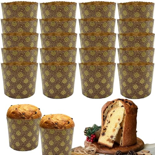 DHER 20 pcs Molde de papel para panettone Formas culinarias para pastel Panettone resistente a altas temperaturas Taza de papel para pan de Navidad (Dorado, 90 * 85 mm)