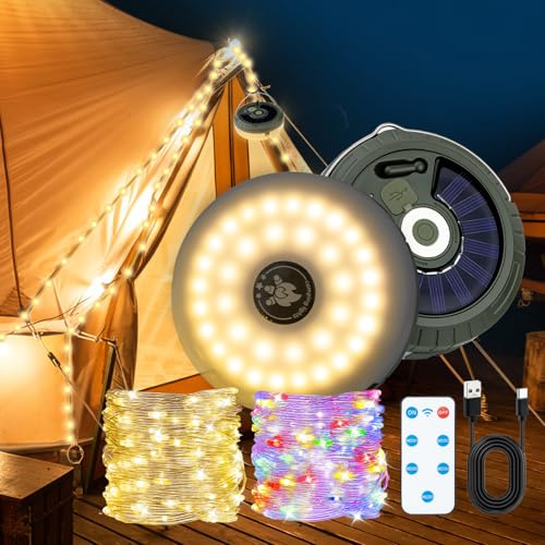 Wigearss Catena Luminosa Solare da Campeggio, LED Luce da Campeggio Avvolgibile, Esterno Lampada Campeggio Impermeabile con Telecomando, 10M