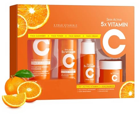 Set per la cura della pelle con vitamina C, kit da viaggio idratante e detergente, per donne e ragazze, mini prodotti essenziali per tutti i tipi di pelle con detergente, tonico, siero, crema viso