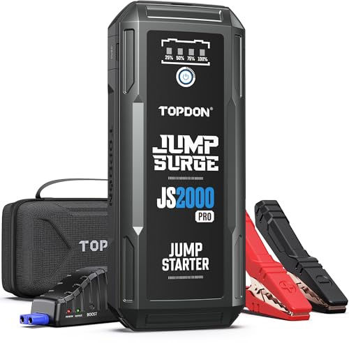 TOPDON Starthilfe Powerbank, JS2000Pro Starterbatterie 2500A Auto Booster Power Pack für bis zu 8L Benzin&6L Dieselmotoren, Kfz Jump Starter mit Starthilfekabel/Eva Tasche/Eingebaute LED, 16000mAh