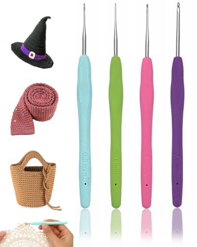 FUGLUS 4 Pzs Agujas de Ganchillo Kit, Aguja Crochet, Agujas Ganchillo 0.5, 0.6, 1, 2mm Ganchillos Crochet Coloridas con Mango Ergonómico Accesorios Kit de Ganchos de Ganchillo para Principiantes