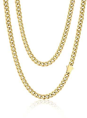 PROSTEEL 6mm Chaine Or Homme 55cm, Collier Chaine Homme Maillon Cubain Ras de Cou Plaqué Or, Collier Mallion Cubain Acier Inoxydable Doré