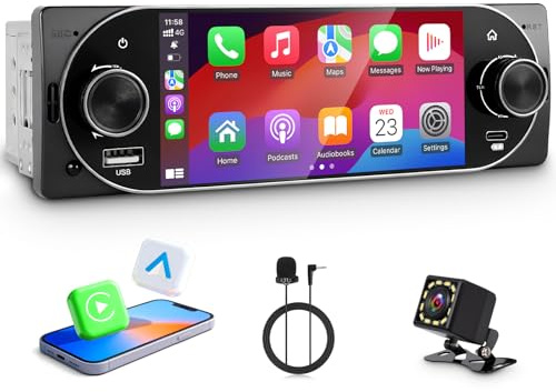 Single Din Car Radio with Apple CarPlay, Backup Camera，External Mic,Single Din Touchscreen Radio Supports Android Auto, Bluetooth, Dual Physical Knobs,SWC, EQ, FM Radio (Black)