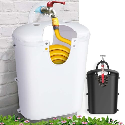 Garden Hose Holder Bucket, Water Hose Storage for Outside, Hanging Handle & Drain Hole Design, Fits 25In/ 50In Hoses white