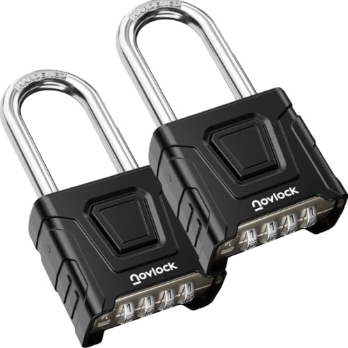 NOVLOCK Lucchetto a combinazione per esterni - arco lungo da 5,9 cm, spessore 8 mm - resistente alle intemperie, con codice, per cancelli, recinzioni, capanni, depositi, armadietti - 2 pezzi, nero