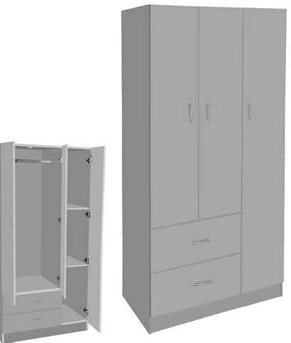 MA MAISON Armadio Guardaroba 80x50x180h CM - 3 Ante, 2 Cassetti, Ripiani, Appendiabiti Alto, Maniglie, Struttura in Legno Truciolare, Spazioso, Salvaspazio, Cabina Armadio, Camera - (Grigio)