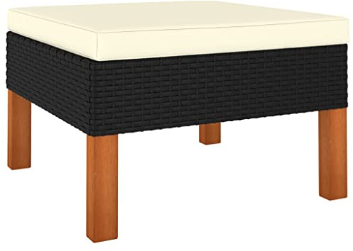 mtlskopl Schwarzer Poly Rattan Fußhocker 60x60x32 cm mit Eukalyptus Beinen und cremefarbenem Sitzkissen, wetterfestes Gartenmöbel für Balkon Terrasse und Wintergarten
