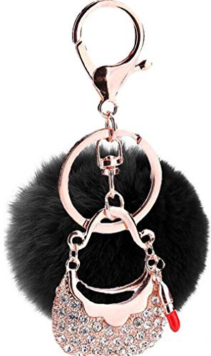 Schlüsselanhänger plüsch Ball glänzend Mini Tasche Strass Taschenanhänger Plüsch-Kugel Autoschlüssel -Anhänger Pompom Weich Schlüsselring bommel Keychain Handtaschenanhänger Dekor (Schwarz)