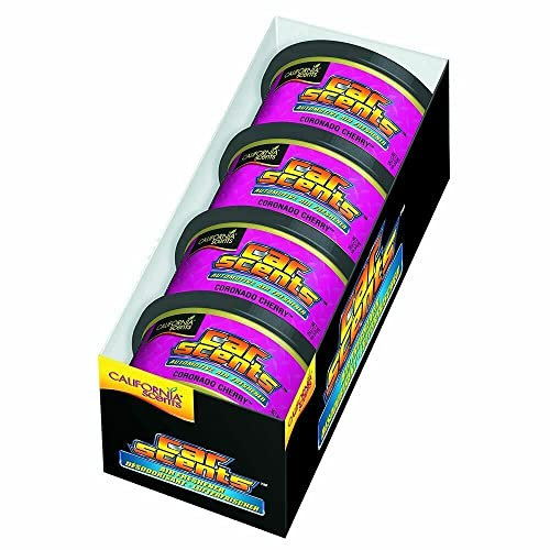 California Scents Ambientador de coche en Lata - 4 Pack - Fragancia Duradera de Cereza (Hasta 30 Días) - Control de Intensidad de Olor para un Ambiente Fresco y Personalizado en tu Coche, 42g