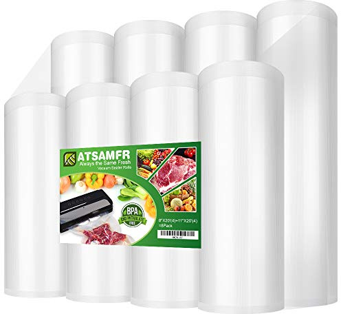 ATSAMFR 8 Pack 8x20'(4Rolls) and 11x20' (4Rolls) Vacuum Sealer Bags Rolls with BPA Free,Heavy Duty,Great for Vac storage or Sous Vide Cooking