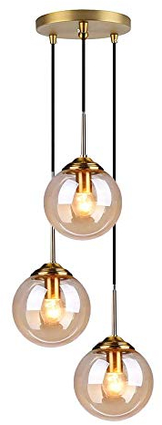 LFsem Industrial Retro 3 Luces Lampara techo de Bola de Vidrio Lámpara colgante Accesorios de latón Lamparas de techo E27 Lámpara de araña para sala de estar (3 luces, ámbar)