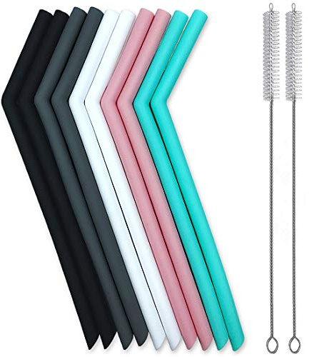 Set of 10 Large Reusable Silicone Straws Pink Thick Smoothie Silicone Drinking Straws with Cleaning Brushes- Extra Long Flexible -For 20oz 30oz and 40oz Tumblers BPA Free Non Rubber