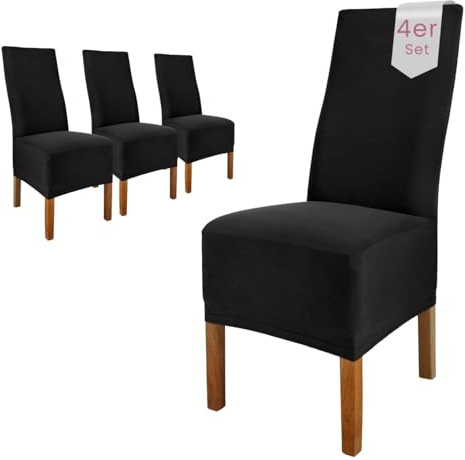 Scheffler Home Stuhlhussen 4er Set Schwarz Jersey Baumwolle Emma | Waschbare Stuhlbezüge, Stretch Chair Cover für Hochlehner, Polsterstühle und Esszimmerstühle, Öko-Tex zertifiziert