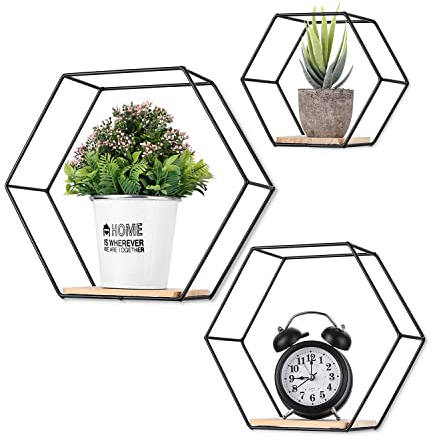 Liesun 3er Set Hexagon wandregal Metall, Regal ohne Bohren schwarz, hänge, Wand, Wohnzimmer.