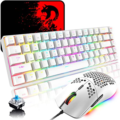 RGB Gaming Tastatur und Maus Set, 68 Tasten Blauer Schalter 60% Mini Chroma Mechanische Tastatur, 6400DPI Leichte Optische Waben Maus, USB-Kabel, Kompatibel mit Windows Mac PS4 Xbox, Weiß