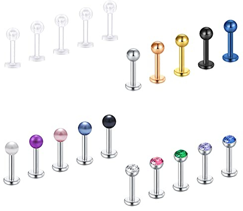 Crdifu 20 piezas barras de labio labret 16G 6/8/10mm acero inoxidable plástico Monroe Medusa Tragus Helix Piercing Stud