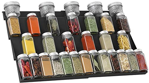 ionlyou Gewürzregal Schublade Gewürz organizer Schublade, 30-60cm ausziehbar Gewürz schubladeneinsatz, Schubladen Ordnungssystem für verschiedene Breite von Schublade 4 Etagen -Schwarz