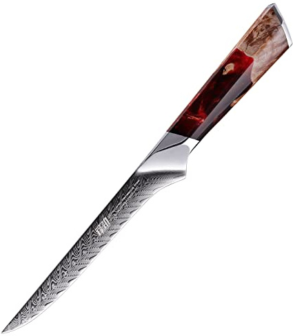 FINDKING Nebula Series Boning Knife, Versatile Deboning Knife, 10Cr15CoMov Damascus Steel Blade, Resin and Figured Sycamore Handle, Full Tang, 5.5 Inch, Red, for Skinning, Removing Fat, Filleting