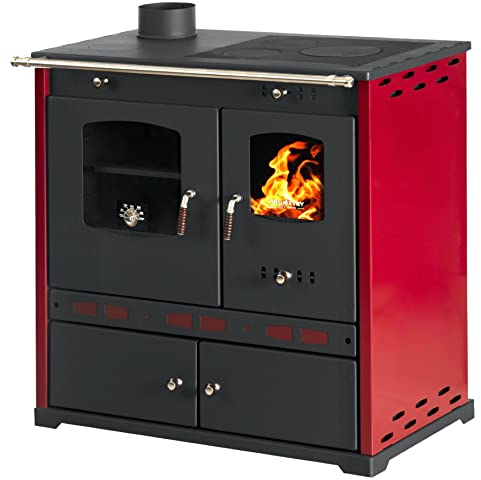 Kaminofen mit Backfach und Herdplatte Perfect Eco Lux Rot Links Holzofen 7 kW Kamin Ofen Holz Werkstattofen Hüttenofen Heizofen Gartenofen