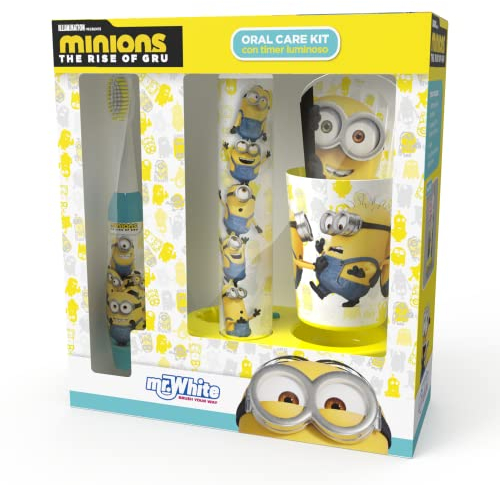 Minions Kit per l'igiene orale a LED per bambini, contiene spazzolino elettrico alimentato a batteria con setole morbide, dentifricio alla menta, bicchiere multiuso e base con torre di temporizzazione