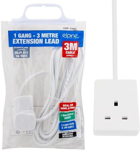 3 Metre Lead Extension Lead Cord Cable - Electric, Mains Power, Gang Surge Protected Tower | 3 Pin Multi Socket, Plug Amp | 1 Way Output Socket