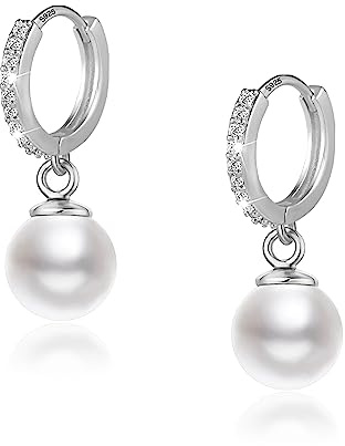 ASH'S CHOICE Silver 925 örhängen bågeörhängen med hänge pärlor kvinnors flickor sötvattenspärlorhängen hängande bågeörhängen bågeörhängen med zirkon små örhängen pärl drop huggie hoop örhängen