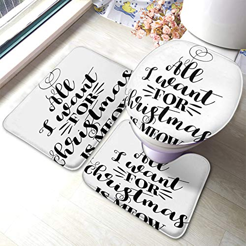 Set 3 Teilig Badvorleger Alles, was Ich Mir Zu Weihnachten Wünsche, Sind Handgezeichnete Weihnachtsgrüße Mit MIAU Feiertagszitaten 3-Teiliges Badteppich-Set Anti-Rutsch Badgarnitur Badematten