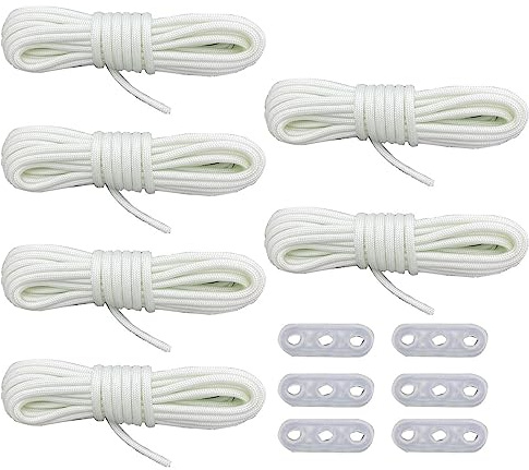 HOUSON 6 Pack 4mm*4m Guy Ropes, Tent Guy Line 550 Luminous Fluorescent Paracord Parachute Cord for Tents Awning Camping White