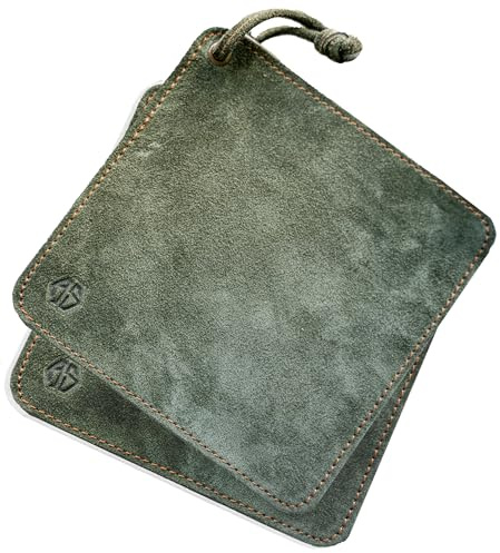 Angus Stoke Topflappen aus Büffelleder - hochwertiges Echtleder - handgemachte und hitzebeständige Küchentopf-Lappen & Topfuntersetzer aus Leder Fran (2X Light Olive-Grün)