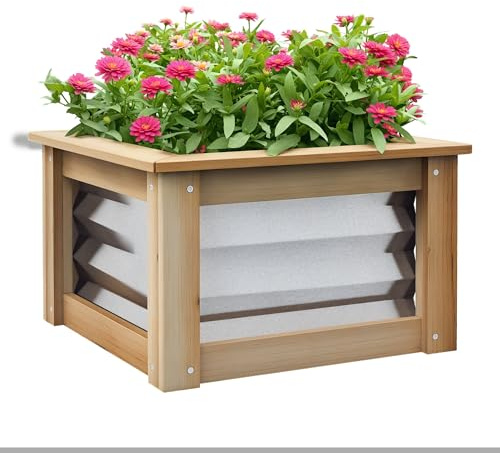 Outsunny Jardinière surélevée en métal avec Cadre en Bois, Parterre de légumes, Parterre d'herbes aromatiques pour Jardin, Balcon, Naturel, 45 x 45 x 30 cm