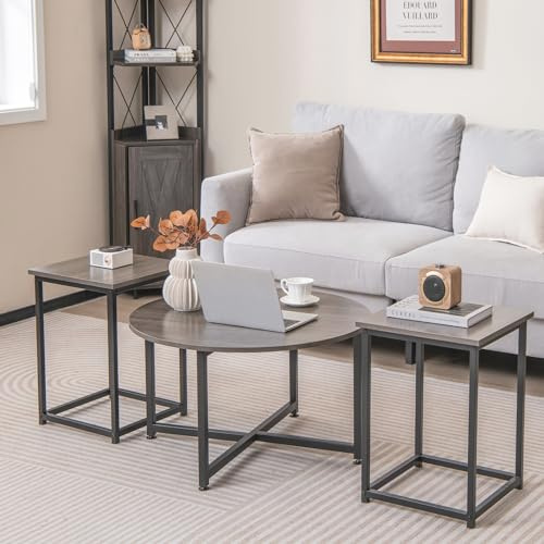 LIFEZEAL Uppsättning av 3 Soffbord Med Kvadratiskt Sidobord, Vardagsrumsbord av Metallram, Modern Design för Vardagsrum Sovrum (Grå)