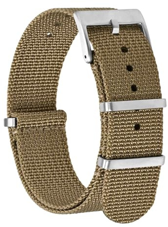 BISONSTRAP Nylon Watch Bands for Men, One-Piece Military Watch Straps, 20mm, Khaki Tan (Silver Buckle)