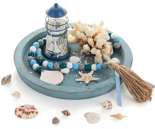 Hanobe Vassoio decorativo per tavolino da caffè: vassoio rotondo in legno per esposizione costiera spiaggia piatto decorativo per accessori da bagno nautici conchiglie stelle marine blu
