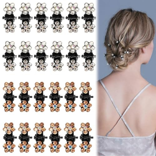 AFCJLTO Strass Haarklammern Blumen Spangen, Set mit 24 Mini Krallen Clips, für alltägliche & festliche Anlässe wie Hochzeit, Party & Strandurlaub - geeignet für dickes Haar von Mädchen
