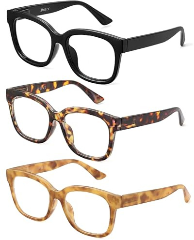 JM 3 Pack Oversized Reading Glasses Women Large Square Blue Light Readers | Spring Hinge, Blue Light Blocking Scratch-resistant Lens, Anti Eyestrain Computer Eyeglasses, Accurate Magnification