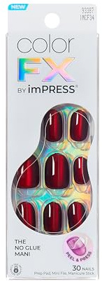 Kiss Impress No Glue Mani Press On Nails, ColorFX, 'Hidden Gem', Red, Short Size, Oval Shape, Includes 30 Nails, Prep Pad, Instructions Sheet, 1 Manicure Stick, 1 Mini File
