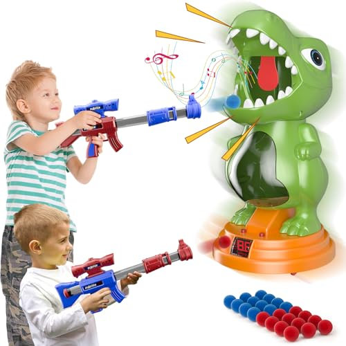 fygurso Movable Dinosaur Shooting Toys for Kids 5-7 with 2 Air Pump Gun, Target Shooting Games with LED Score Record, Light & Sound, 24 Foam Balls Competition Game Gift for Boys and Girls 3-5+(Green)