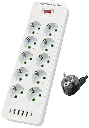 XEERUN Mehrfachsteckdose mit USB C, 10-Fach Steckdosenleiste Überspannungsschutz USB, Mehrfachstecker mit Schalter 4 USB und 2 USB C, Wandmontage Steckerleiste für Smartphones, Laptop, 2m Kabel