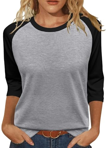 Heymiss Summer Tops for Women 2025 Crew Neck 3/4 Sleeve T-Shirts Loose Casual Blouses Gray Black