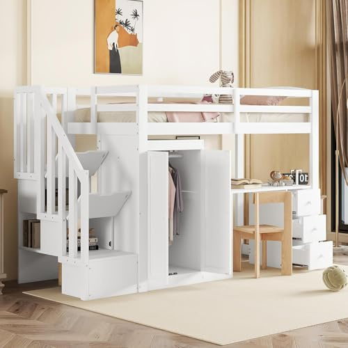 Kebnor Hochbett, 90 x 200cm, Bett mit Lattenrost, Bett mit Kleiderschrank und Treppe, Schreibtisch, Schubladen und Kleiderschrank, weiß (ohne Matratze)
