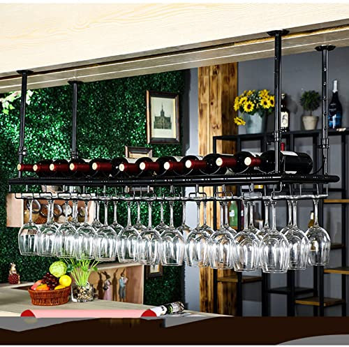Estante vintage para colgar botellas de vino y copas de vino de hierro forjado de altura ajustable con ranura para botellas, color negro