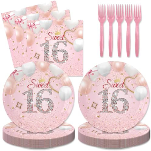 48pcs Sweet 16 Party Supplies,include 16 Dessert plate,16 Napkin And 16 Fork,Rose Gold Party Plate Napkin Fork Set,Used for Sweet 16 Rose Gold Party Decoration