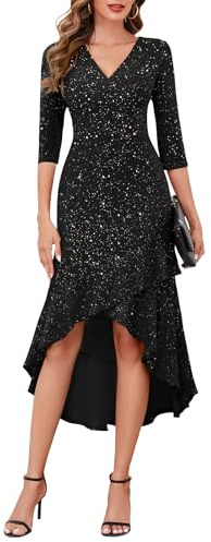 Berylove Robe de soirée festive élégante pour mariage - Robe à queue de poisson à paillettes - Col en V - Robe de demoiselle d'honneur, Noir , XXL