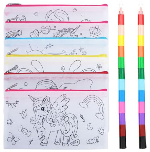 BCHKO 6 Stück Einhorn Federmäppchen Zum Bemalen für Kinder mit Buntstifte Glitzersteine Selbstklebend DIY Mäppchen Zip Stoffbeutel Motiv Ausmalen Mädchen Bastelset