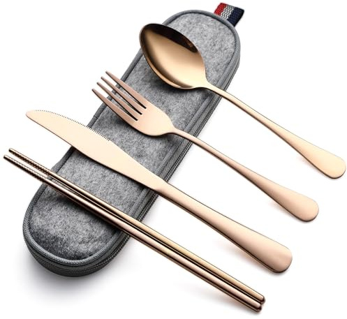 DEVICO Posate da campeggio, in acciaio inox, set da 5 pezzi, con coltello, forchetta, cucchiaio, bacchette e custodia, ideale per i viaggi (oro rosa)