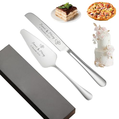 KBPTM Tortenheber mit Gravur & Tortenmesser Hochzeit Set personalisiert - 18/10 Edelstahl mit Hochglanzoptik - Premium Hochzeitsgeschenk für Brautpaare (Silber)