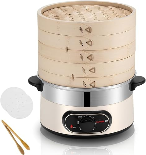 Electric Food Steamer with 2-Tier Bamboo Steamer, Multi-Steam Cooking Pan, 60 Min Timer, Auto Shut-Off for Cooking Vegetables,