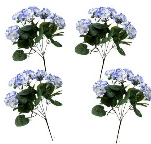 LGEGE 4 paquetes de flores artificiales de geranios para exteriores, resistentes a los rayos UV, plantas para macetas de jardín, decoración de porche de patio (blanco y azul)